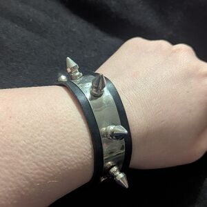 Silver Tone Black Faux Leather Spiked Statement Bracelet